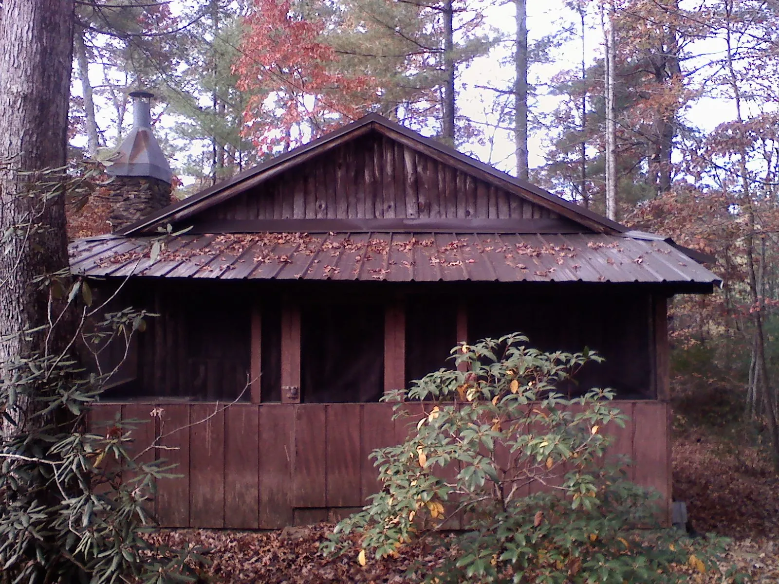 Metal roof over the screened porch of a rustic cabin in Mc Arthur