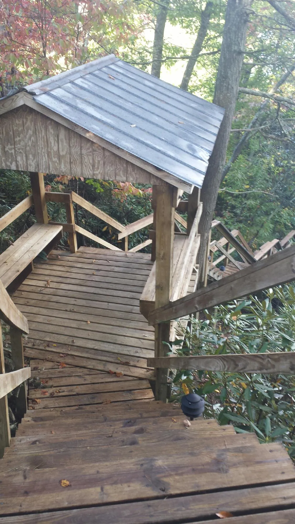 Metal roofed shelter over wooden steps on a wooded walkway — Skylight Repair & Installation work by our crew in Mc Arthur